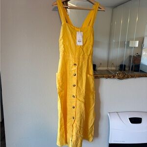 Warehouse Yellow Midi Dress with Button Detail linen